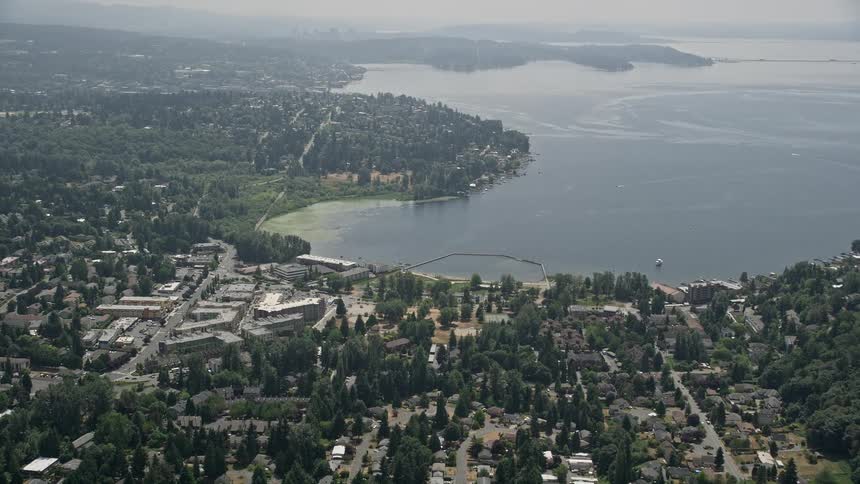 Aerial view of a residential neighborhood on Lake Washington in Kirkland Washington on a hazy day