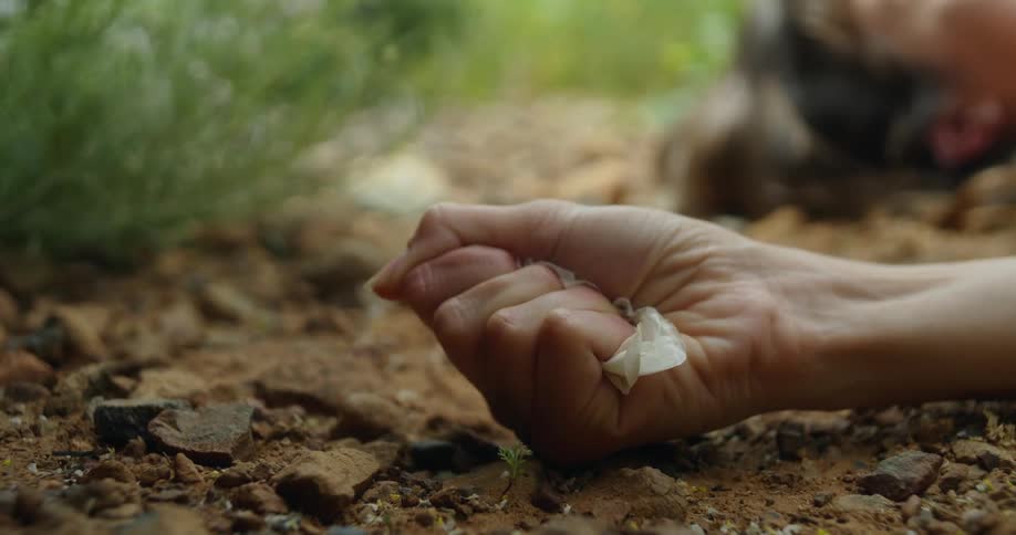 Womans hand squeezing white flower lying on the ground