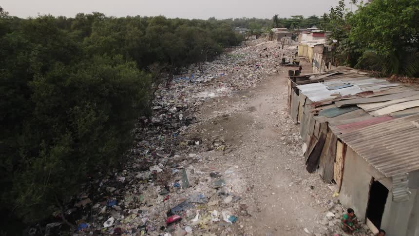 A row of shacks made of improvised materials with people and animals surrounding them separated from a forest by an immense layer of trash