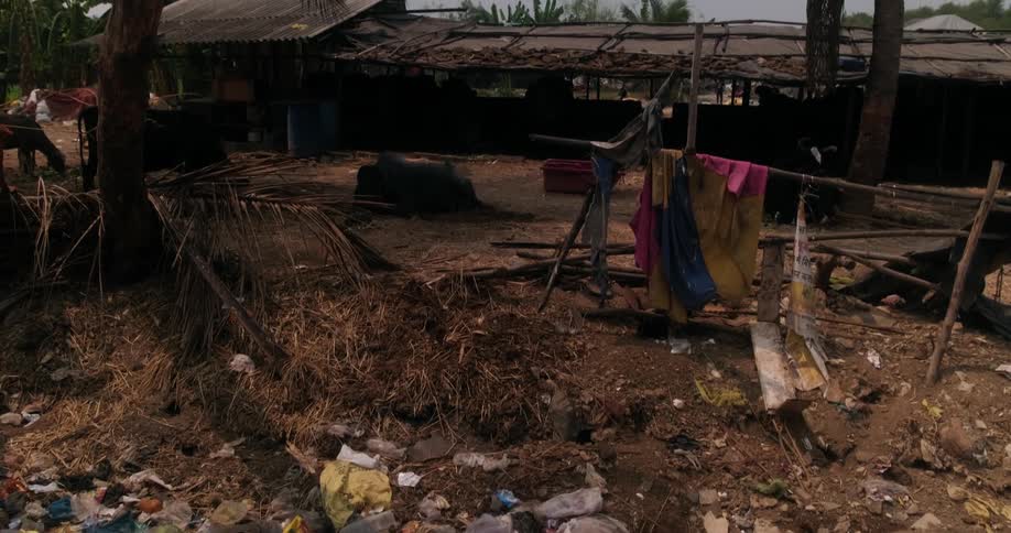 Garbage piled up all over the ground as a third world shelter is revealed