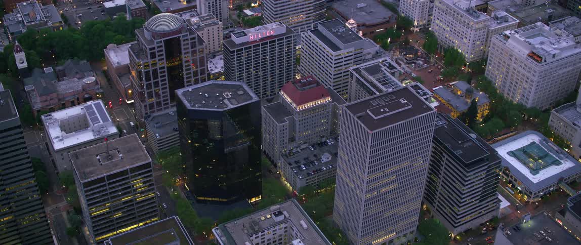 Aerial view of skyscrapers and high rise buildings in the city