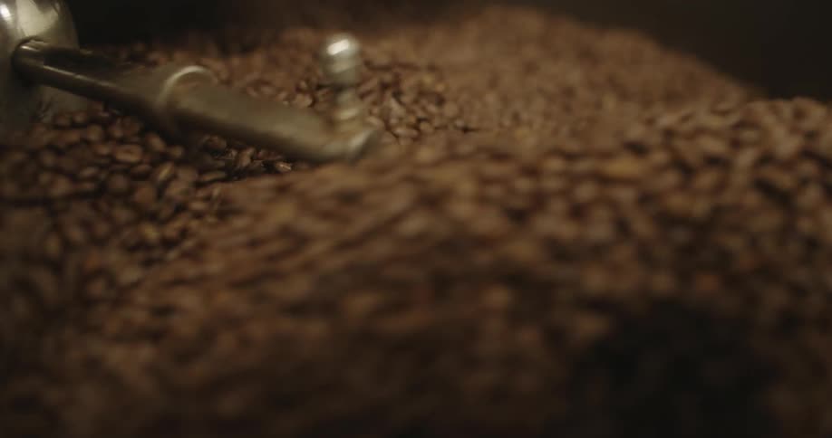Coffe beans are being roasted in coffee roasting machine
