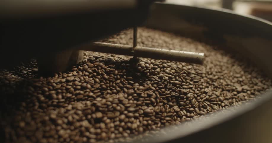 A machine turns and mixes a large quantity of coffee beans