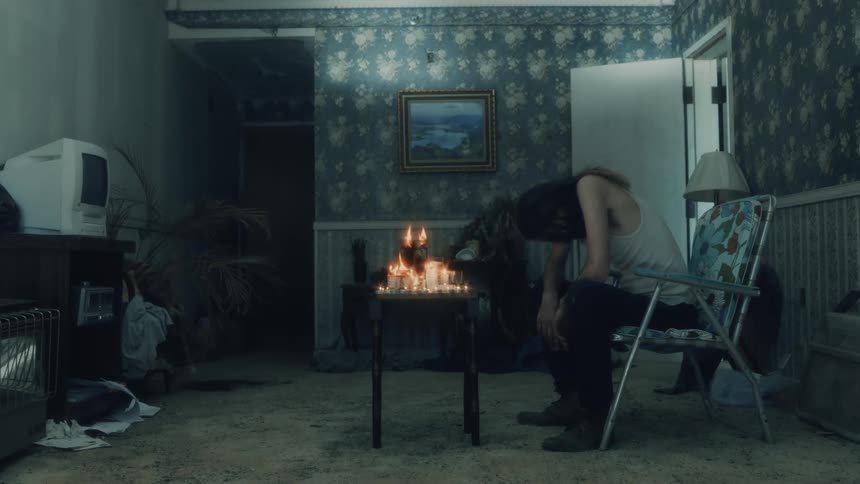 Man sits on folding chair near table full of burning candles with bowed head