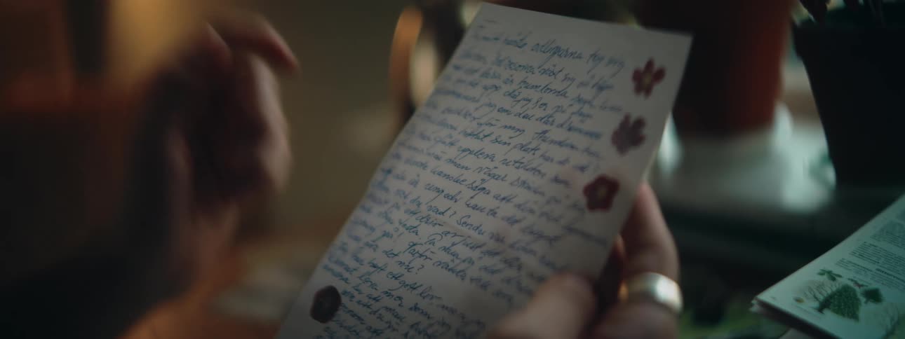 A person sat in a sunny room reading a letter their ring glinting in the light