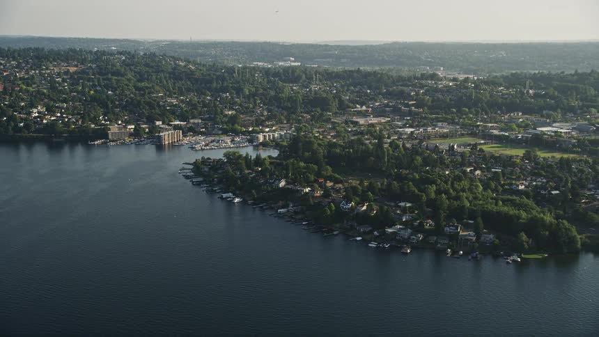 Aerial shot of lakefront homes surrounded by trees located at Rainier Beach in Seattle Washington by a marina on Lake Washington