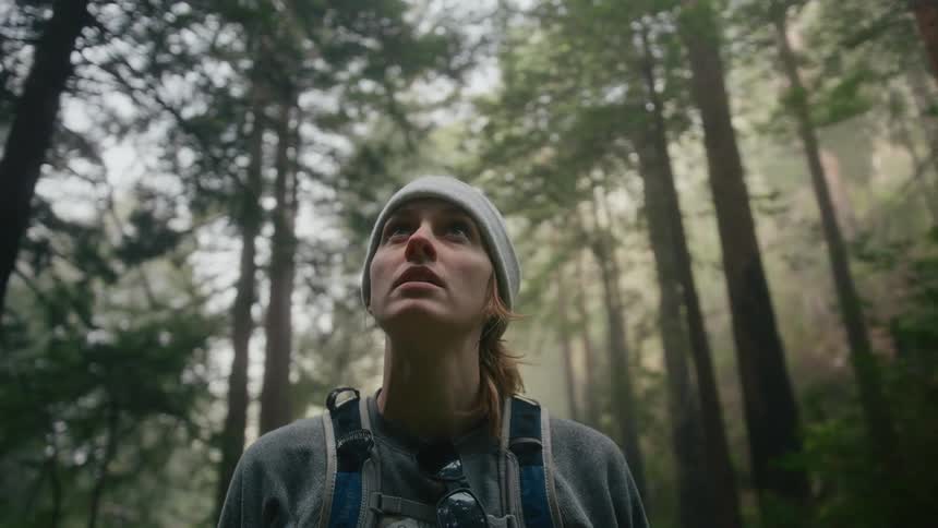 A woman wearing a knit cap is standing in the forest looking around