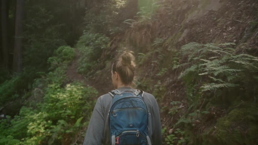 A woman hikes along a narrow dirt trail in a forest during the day