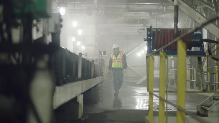 Construction worker walking and surveying equipment in warehouse