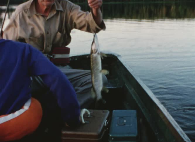 Grandpa fishing with his grandson on a boat pulls a fish from a lake at evening
