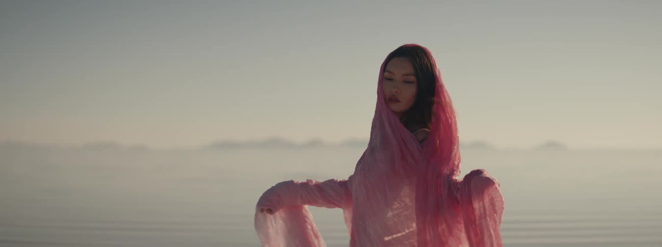 A woman is standing near the ocean during sunset