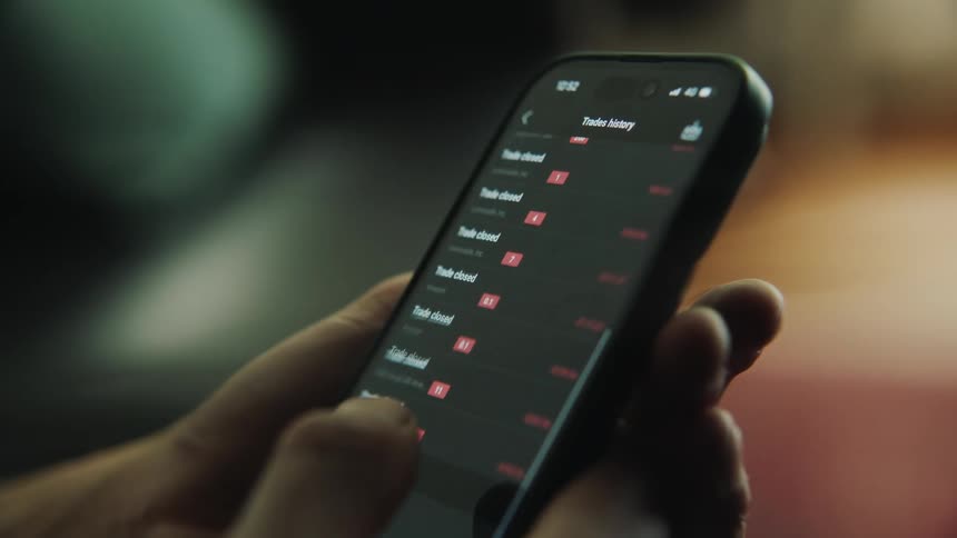 Someone uses a smart phone app to check stock prices