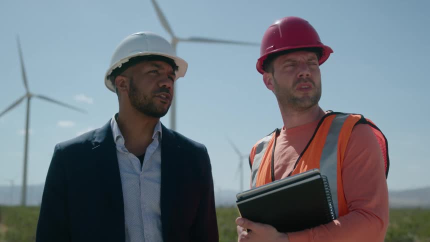 Two men chat while standing under wind turbines