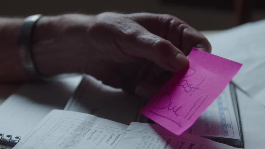 A person working in an office looking at papers and notes