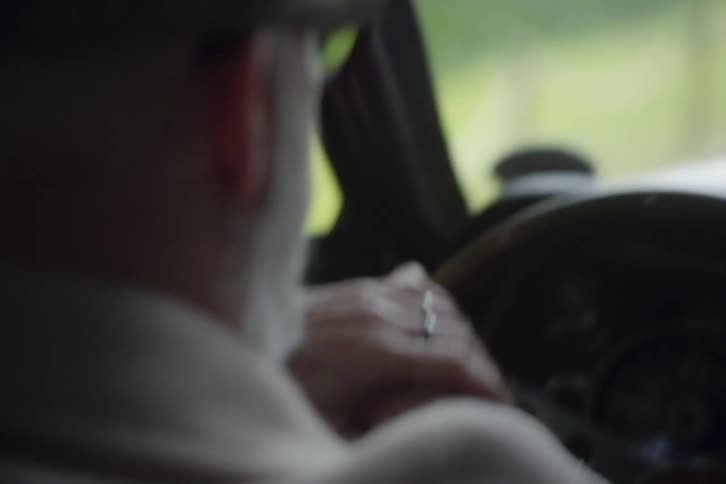 White bearded man steers car past countryside