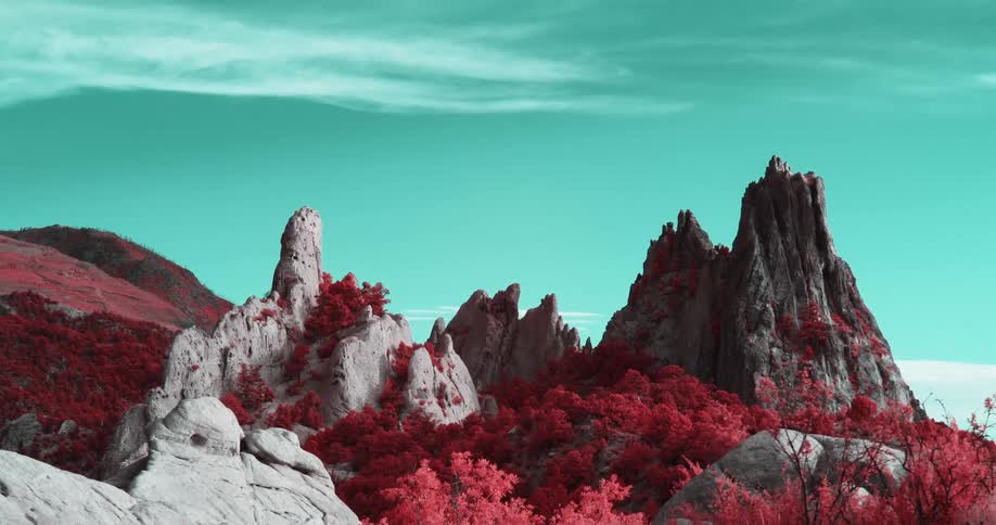 The trees and grass on the mountains are red