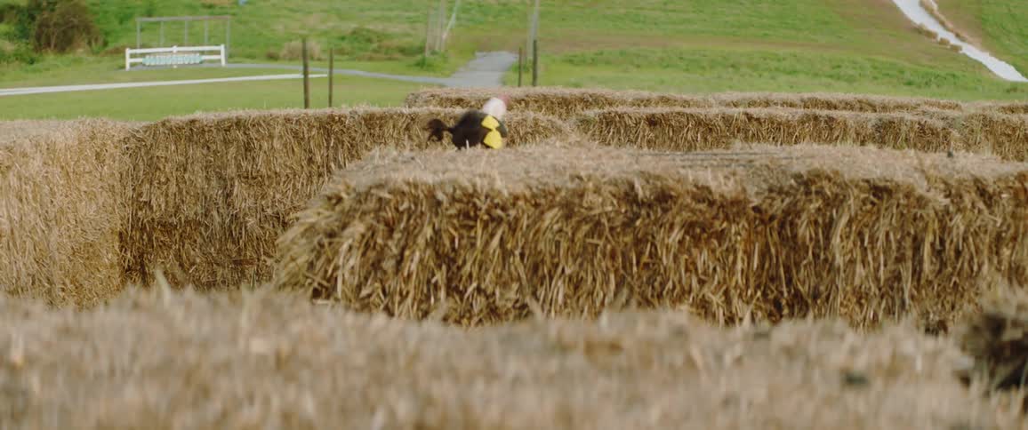 Children run through a hay maze