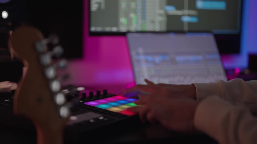 Musician sits in studio near computers displaying music software and uses music production system