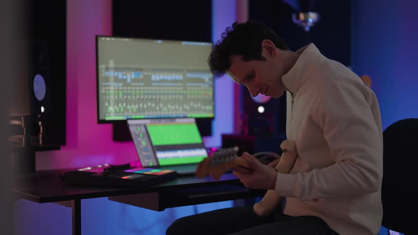 A man sitting in a darkened room in front of a laptop and monitor plays a guitar