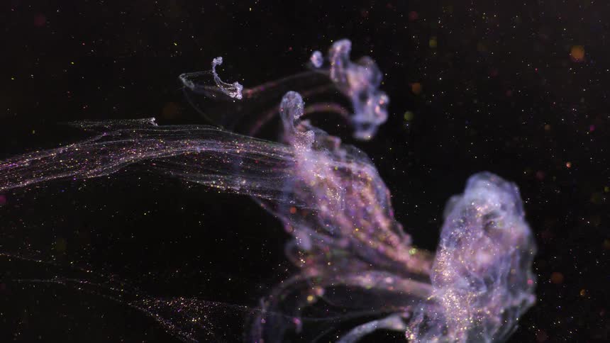 Lavender crystalline layer flows across black background