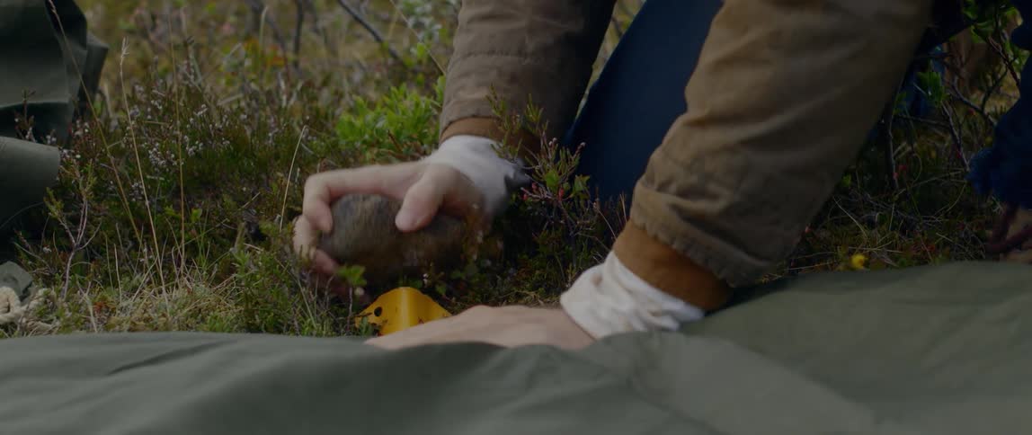 A man hammers a tent stake into the ground with a rock
