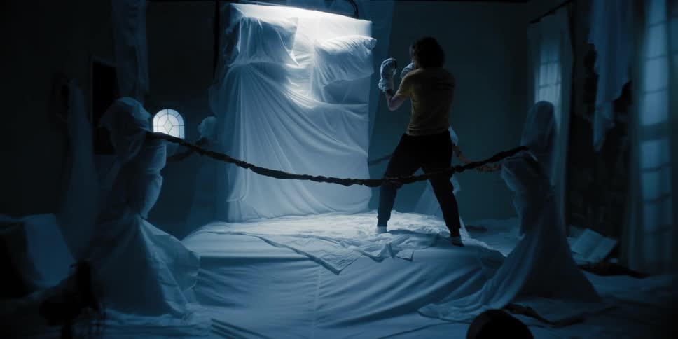 A man fights a mattress in a makeshift boxing ring