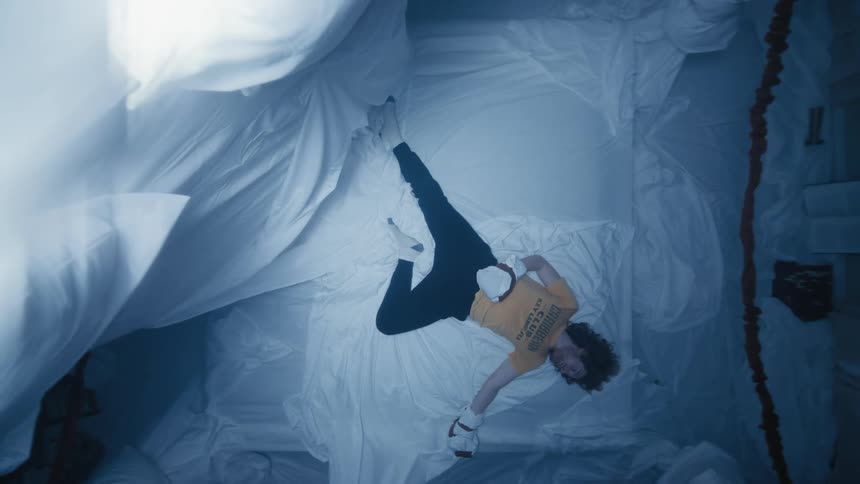 A man sleeping on a mattress in a room fully covered in sheets with pillows on the wall