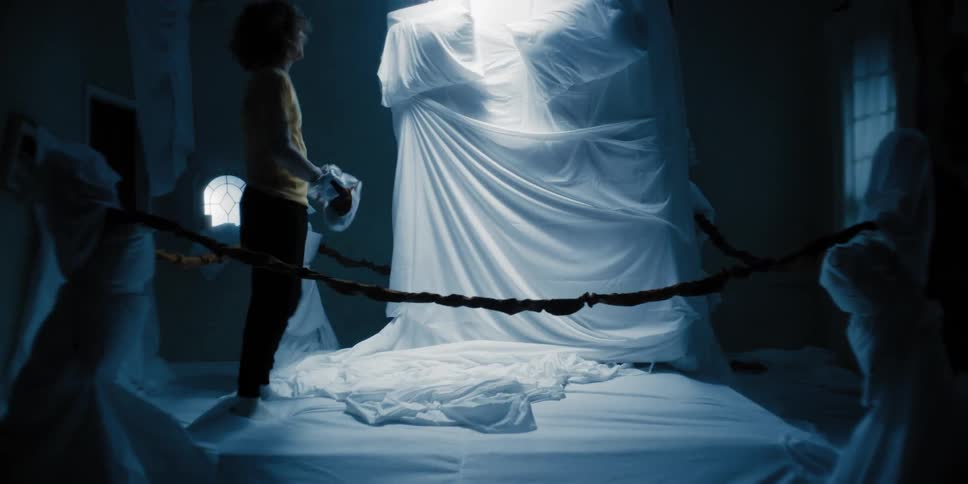 Man fighting a bed in a ring made of sheets indoors