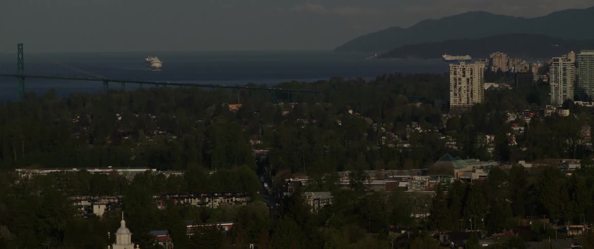 A wide shot of a suburban area with dense trees and buildings throughout with abridge over water in the distance