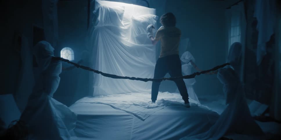 Man about to face a bed in a ring inside the house