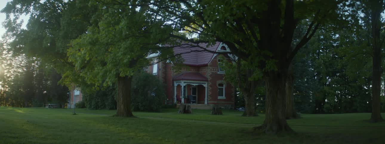 Trees dotting lawn surrounding large house filter sun