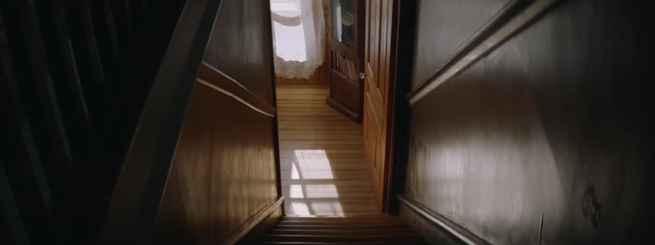 The interior of a house with wooden steps leading to a wooden landing in front of a door