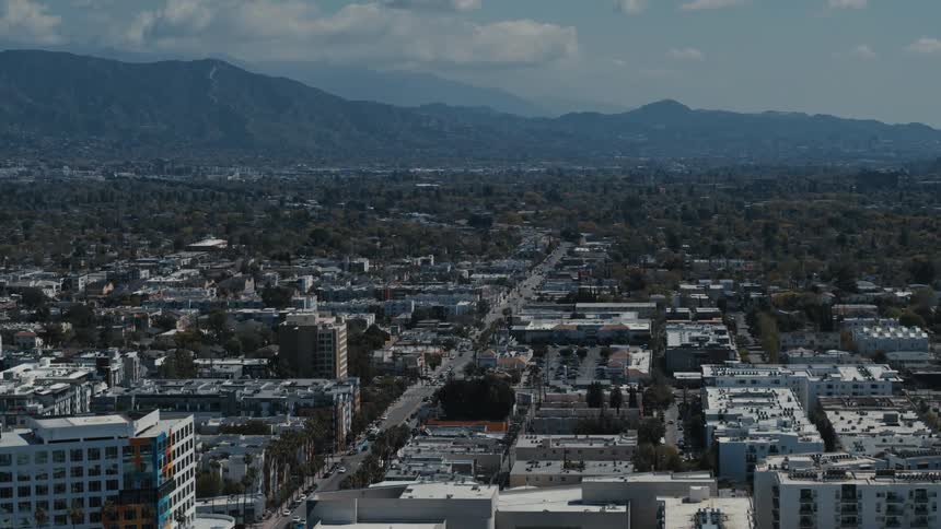 Aerial view of a downtown city during the spring time