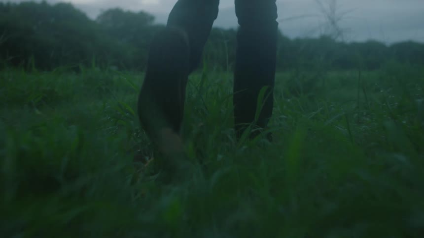 Man walking through green field on cloudy evening