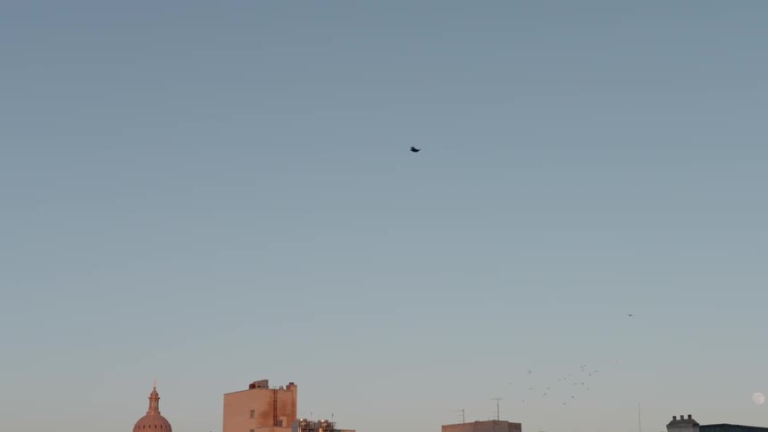 Birds fly over city buildings at sunrise