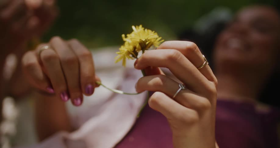 A close up of a womans hands holding a flower while she lays in the grass laughing