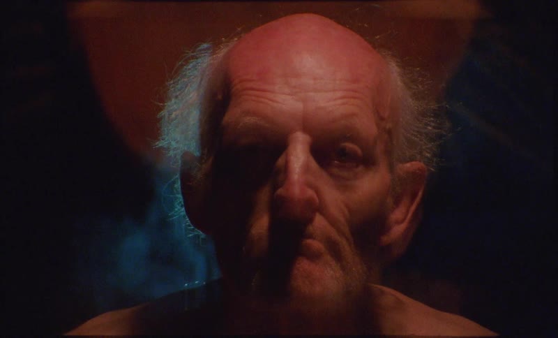 Balding elderly man frowns as he stares in foggy area