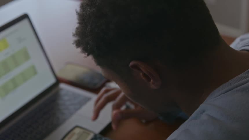 The view is of a portrait of a man that is indoors and looking at his laptop