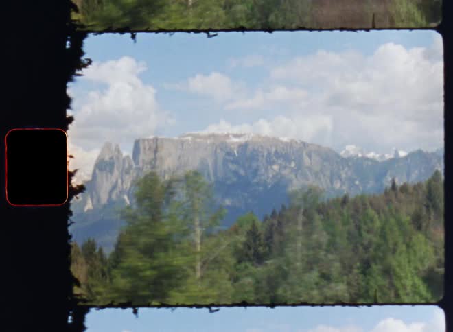 Moving by trees in a forest with mountains in the distance under a cloudy sky