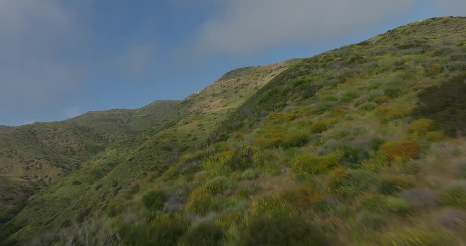 Grasscovered mountains are shown from above being flown over