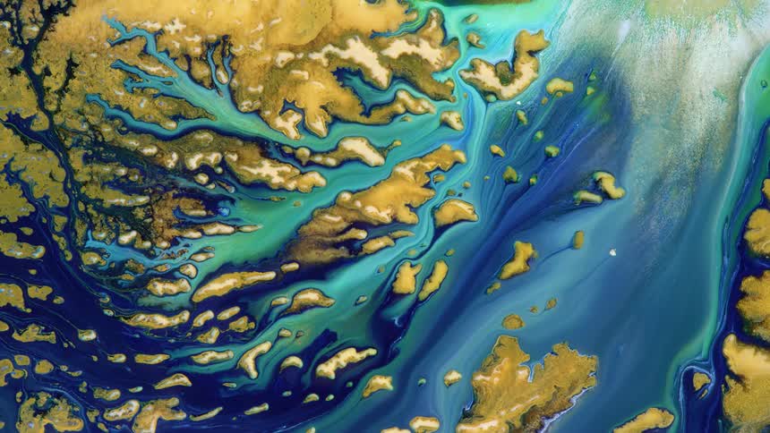 abstract interpretation of a view down to earth from space with a blue river on yellow land