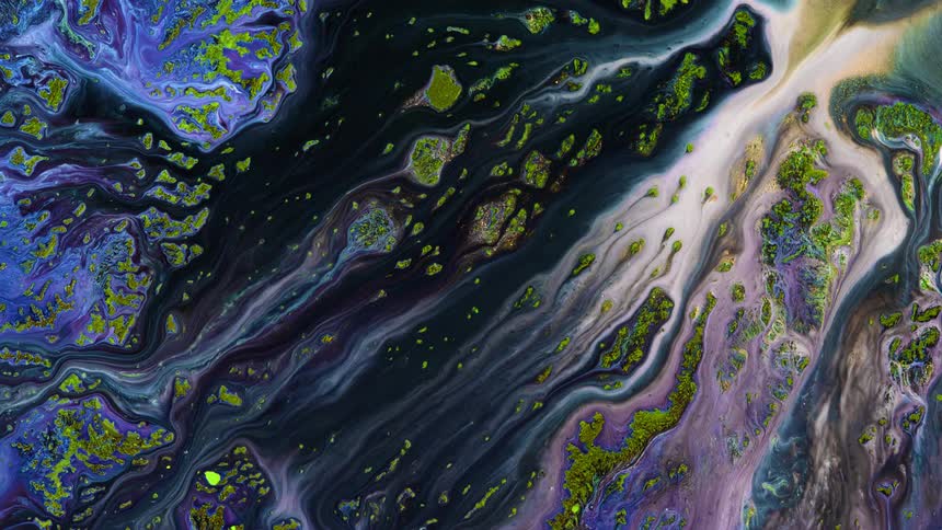 a stream of black and gold flows across a liquid landscape in this abstract scenery