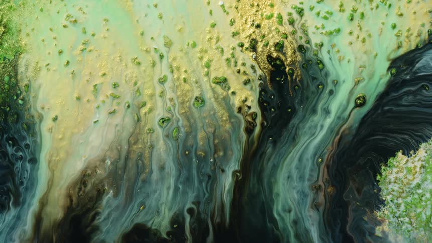 rivers of paint reveal a golden landscape with tiny green rocks in this liquid art scenery