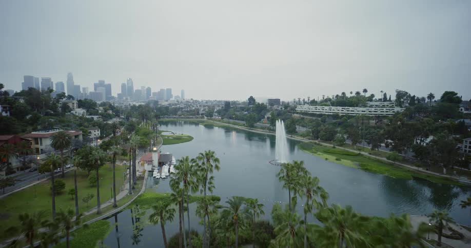 Aerial view of echo park lake and skyline