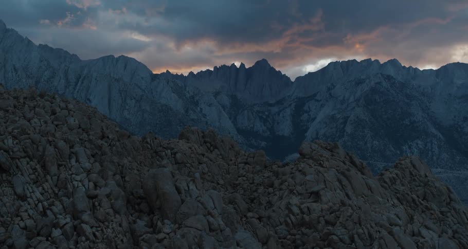 Dramatic lighting conditions light the clouds over Mount Whitney