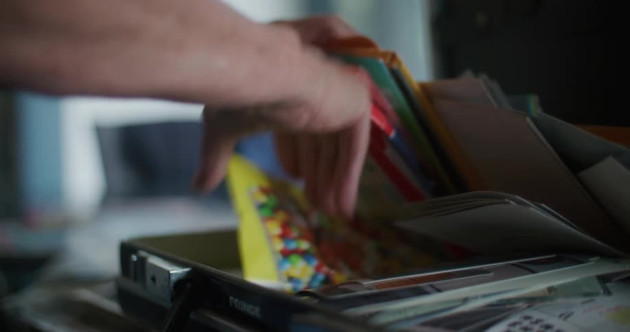 A person going through papers and cards in a briefcase that is on a table