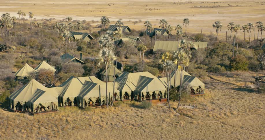 Aerial shot of tents and trees in a plain area