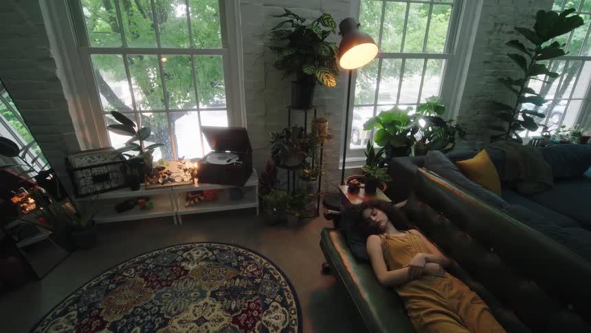 A woman sleeps on a sofa in the living room of a house during the day