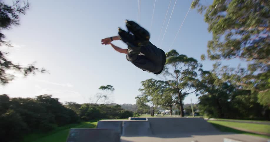 Man with black t shirt and pants roller skates in skatepark