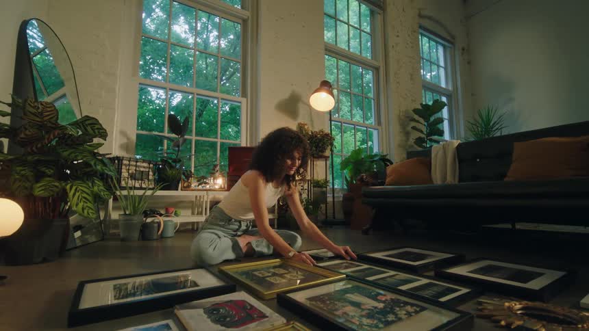 A woman sitting on the floor looking at family photos